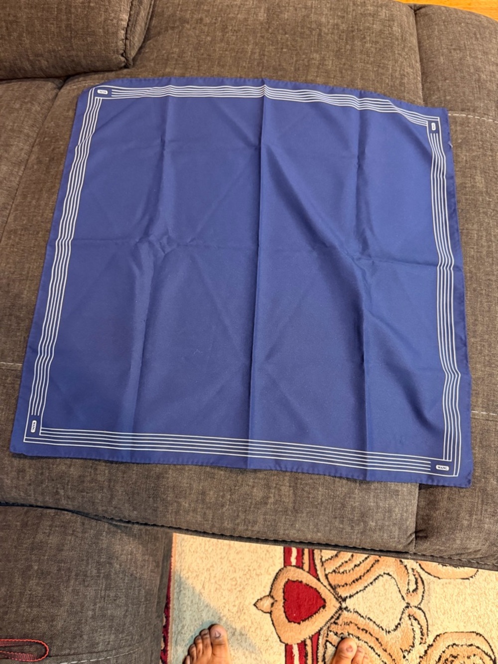 Wang Classic Solid Blue Square Scarf with White Stripe Border